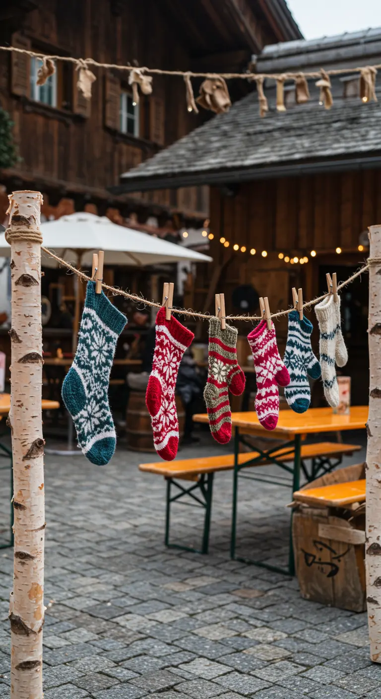 Gemusterte Wollsocken hängen mit Wäscheklammern an einer Leine zwischen Birkenstämmen.