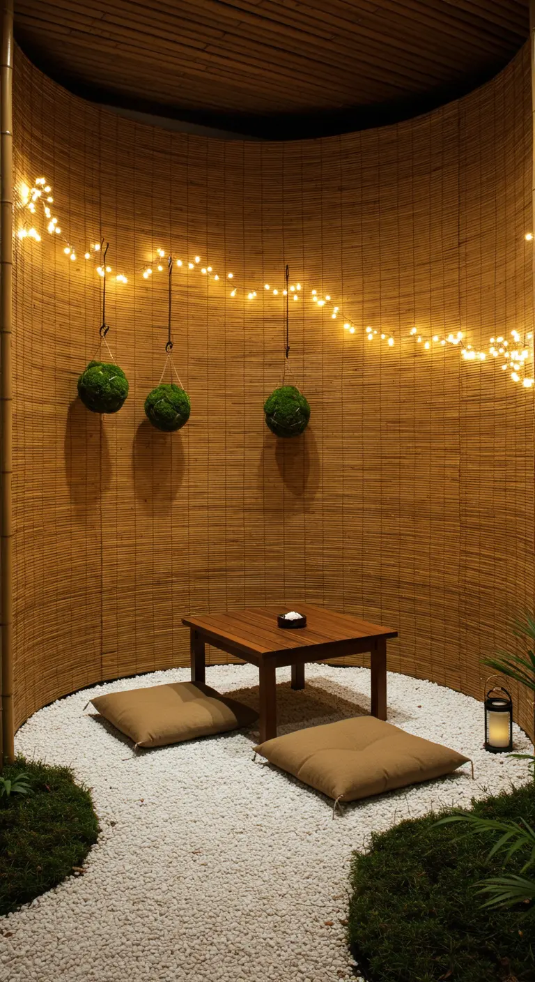 Meditations-Ecke mit gebogener Bambuswand, Kokedama-Moosbällen und weißen Kieselsteinen am Boden.