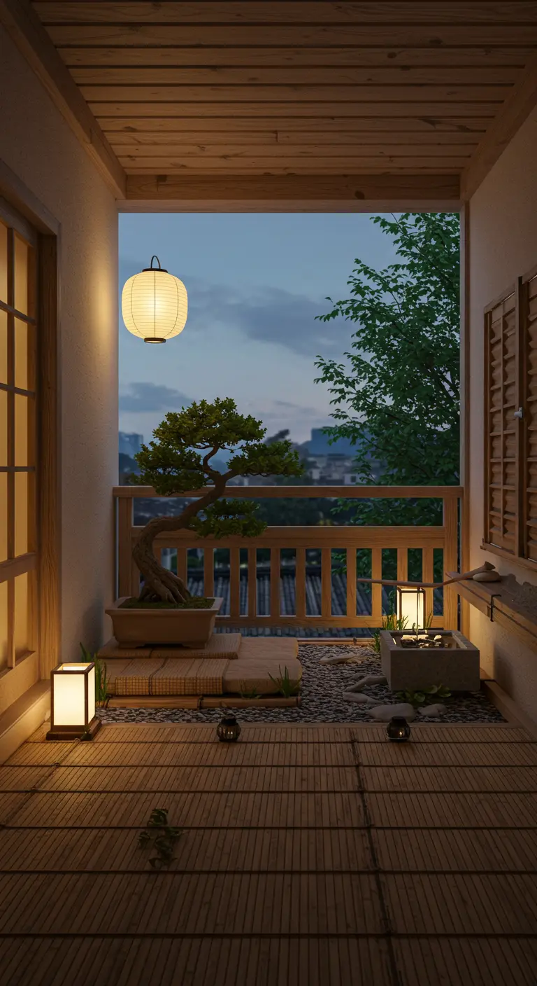 Balkon im japanischen Zen-Stil mit Bonsaibaum, Kieselsteinen und Papierlaterne.