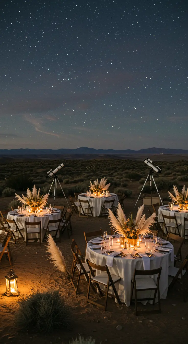 Runde Tische mit Pampasgras-Deko und Kerzenlicht in der Wüste bei Nacht, im Hintergrund Teleskope