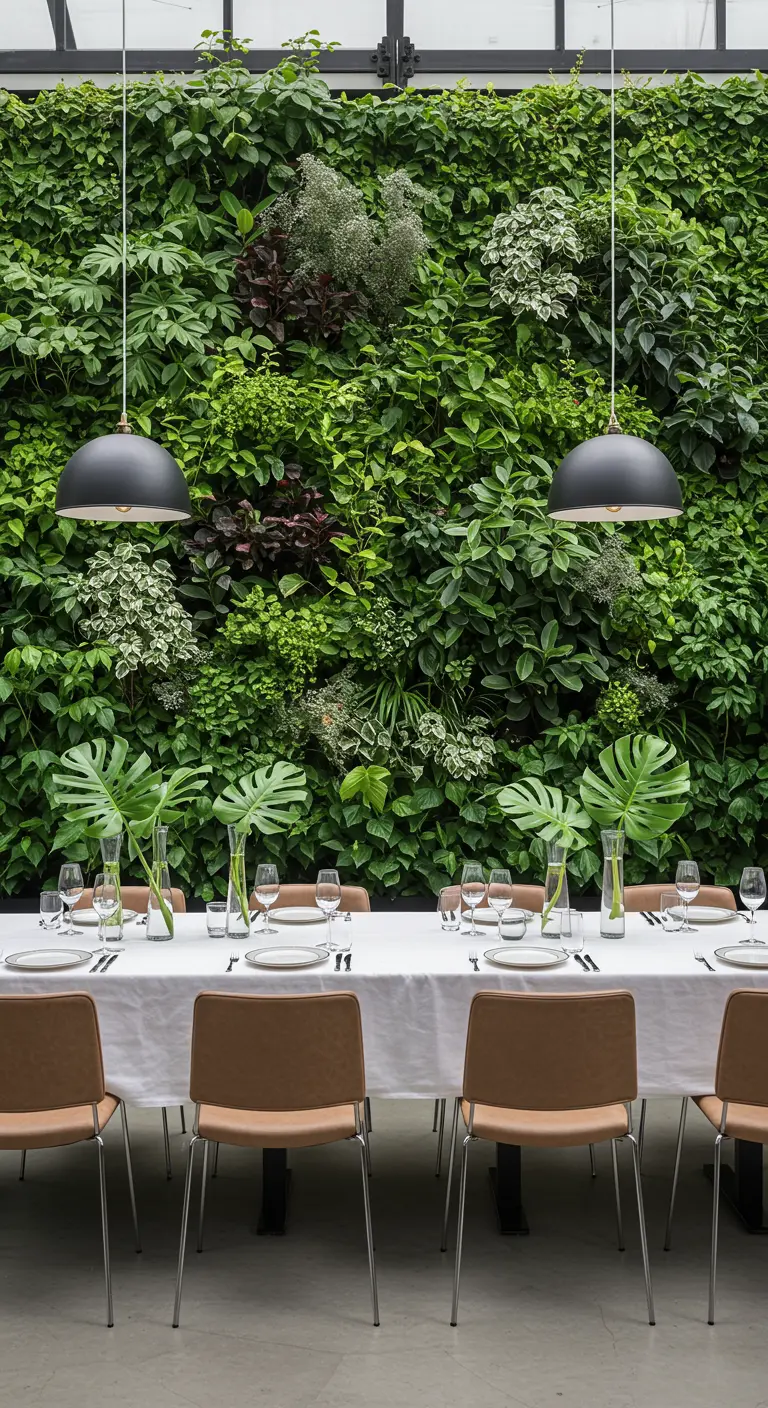 Langer Esstisch mit weißer Decke vor einer großen, üppig bepflanzten Living Wall.