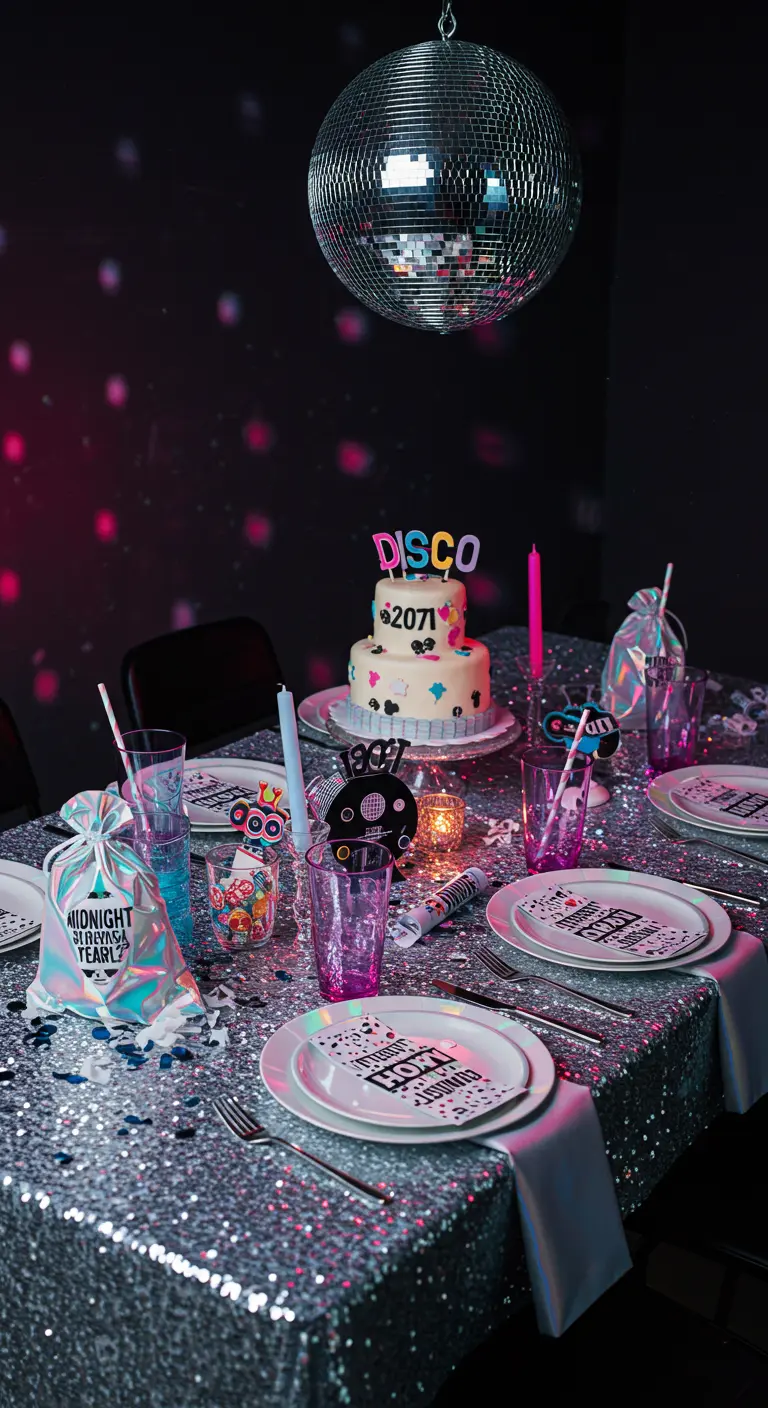 Silvester-Tisch mit Pailletten-Tischdecke, Discokugel und bunten Party-Accessoires.