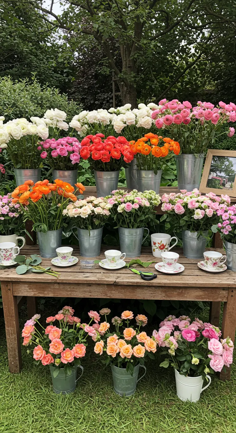 Eine Blumenbar mit Eimern voller Blumen und Teetassen zum Selbergestalten.