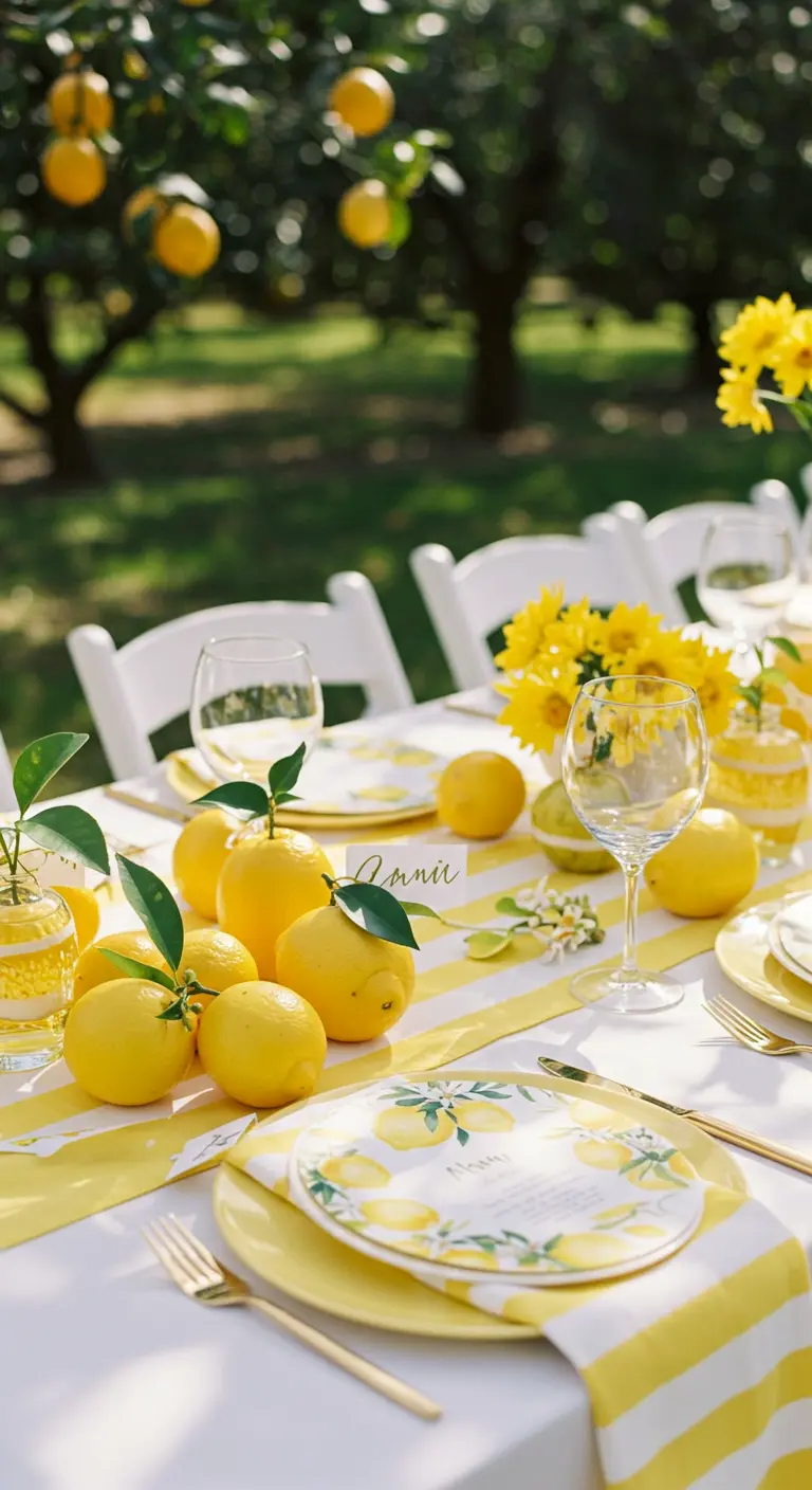 Sommerlicher Tisch mit gestreiftem Läufer, frischen Zitronen und passender Papeterie.