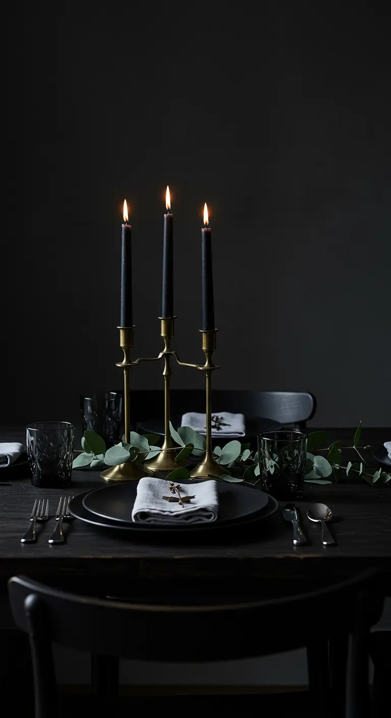 Dramatische Tischdeko in Schwarz mit Messing-Kerzenhalter und Eukalyptus.