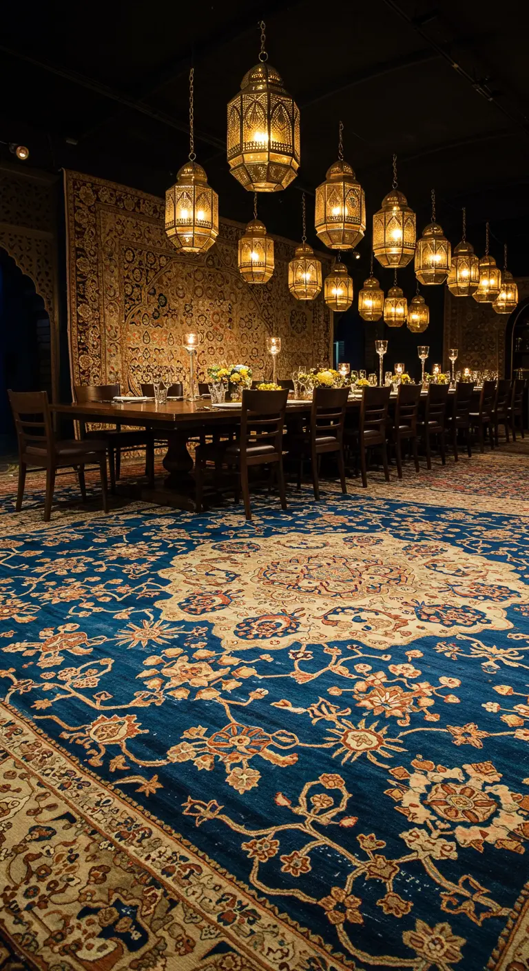 Langer Esstisch vor einem riesigen Wandteppich, beleuchtet von hängenden Goldlaternen.