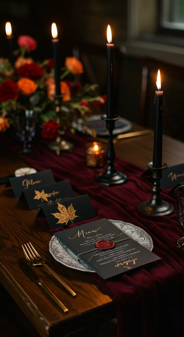 Dunkler Tisch mit burgunderrotem Samtläufer, schwarzen Kerzen und goldenen Blatt-Platzkarten.