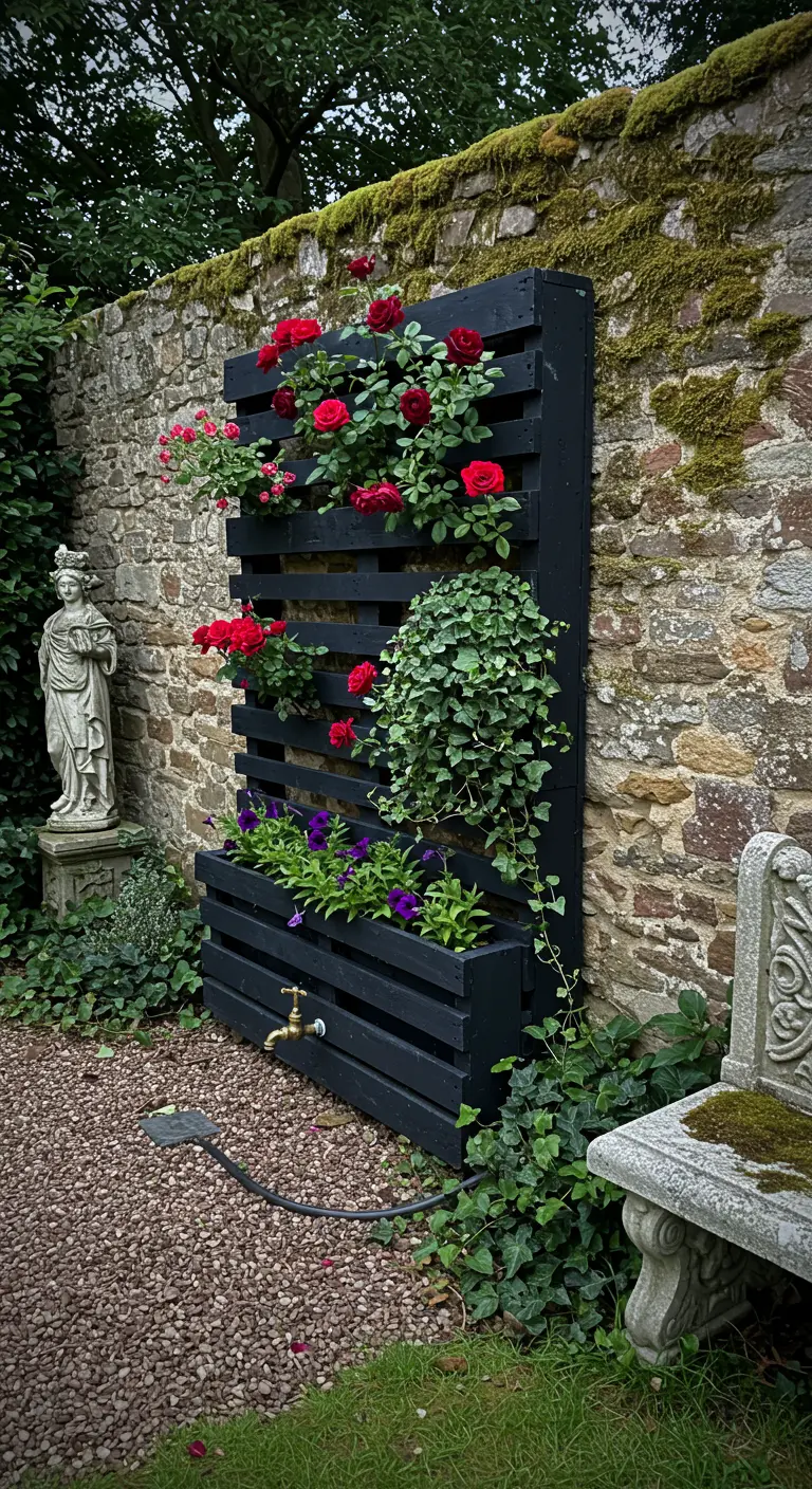 Schwarz gestrichene Palette vor einer alten Steinmauer, üppig bepflanzt mit roten Rosen und Efeu.