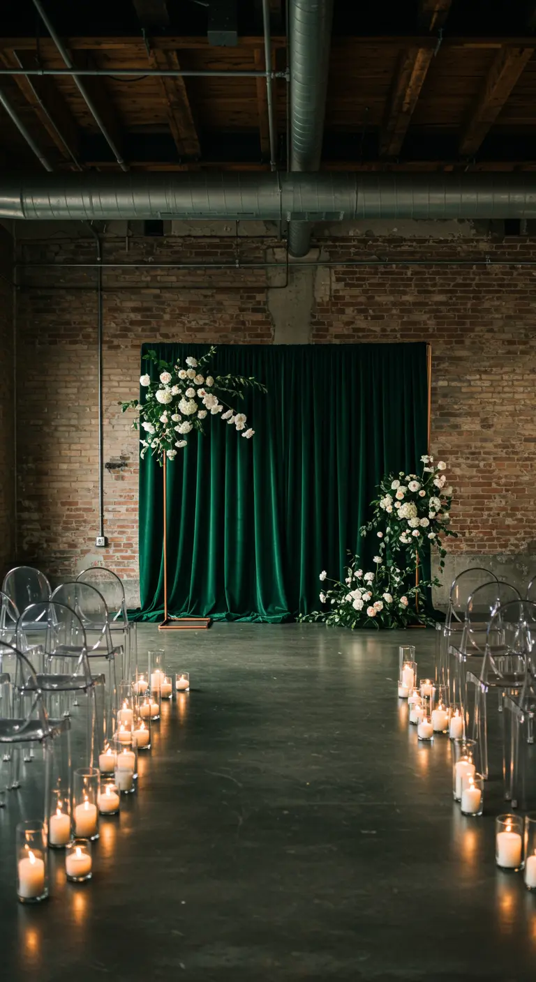 Smaragdgrüner Samtvorhang als Hochzeitsaltar in einer Industriehalle mit Kerzen gesäumtem Gang