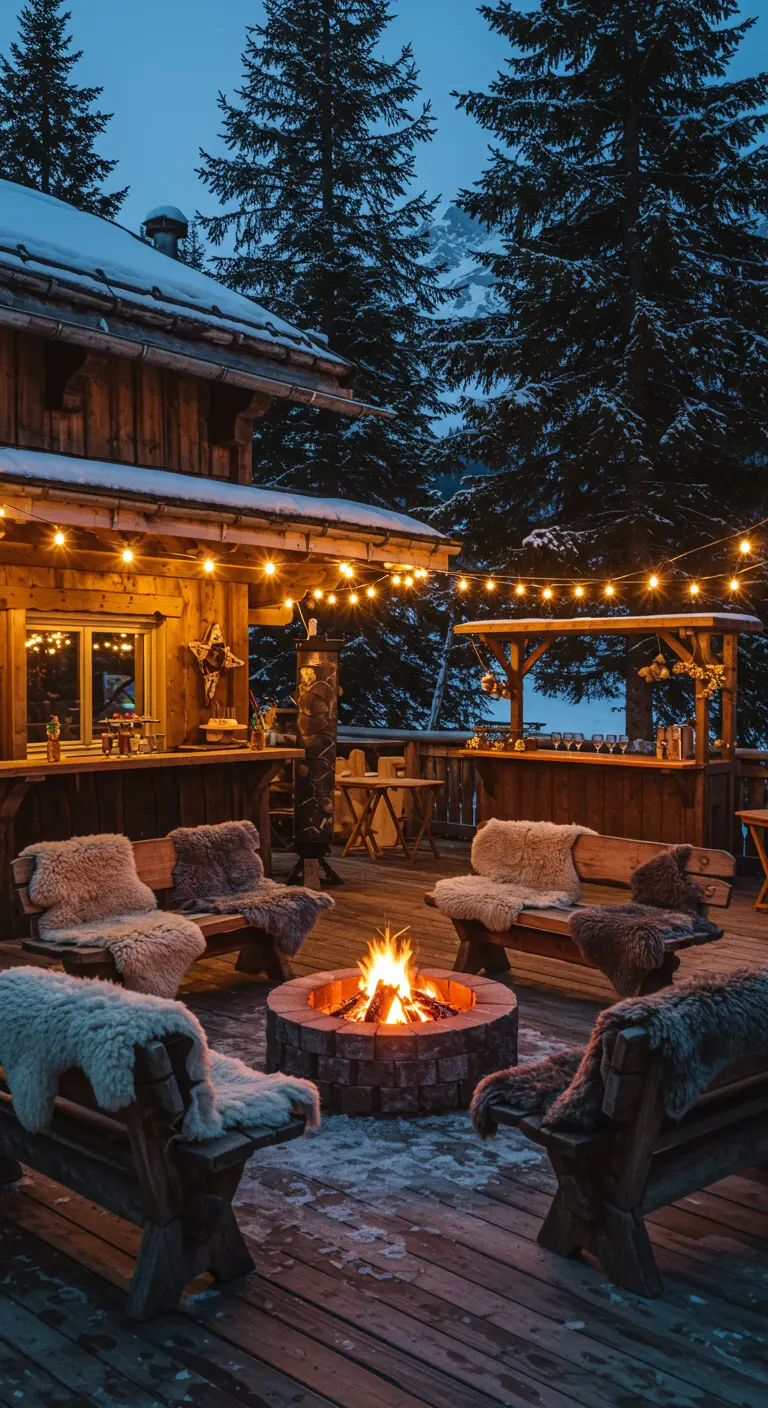 Terrasse mit Feuerstelle, Holzbänken mit Fellen und Lichterketten im Schnee.