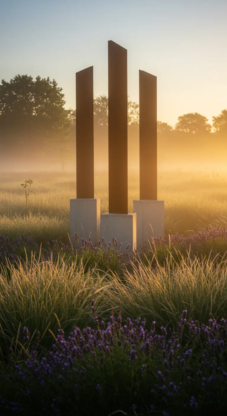 Drei hohe Roststahl-Stelen auf Betonsockeln in einer nebligen Wiese mit lila Blumen bei Sonnenaufgang.