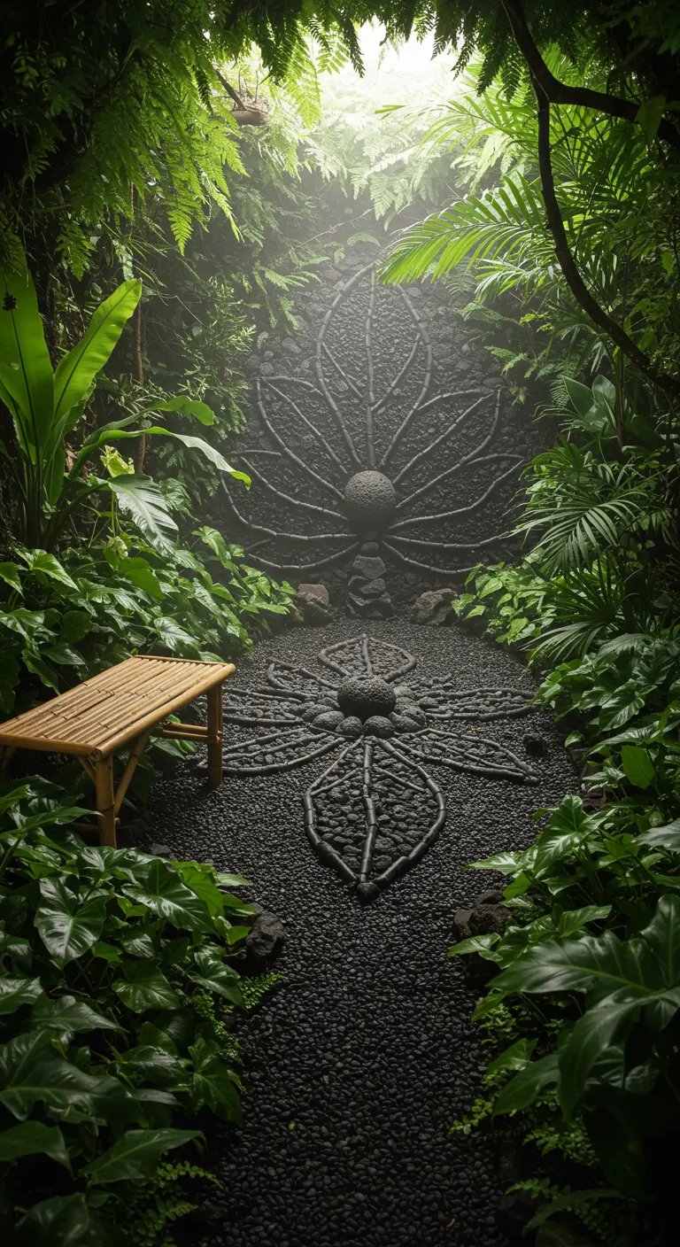 Ein großes, blattförmiges Mandala aus schwarzen Steinen in einem dichten, tropischen Garten.