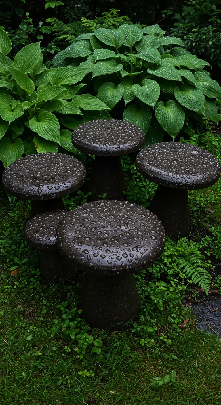 Dunkelgraue, nasse Beton-Pilzhocker umgeben von üppigen, grünen Funkien nach dem Regen.