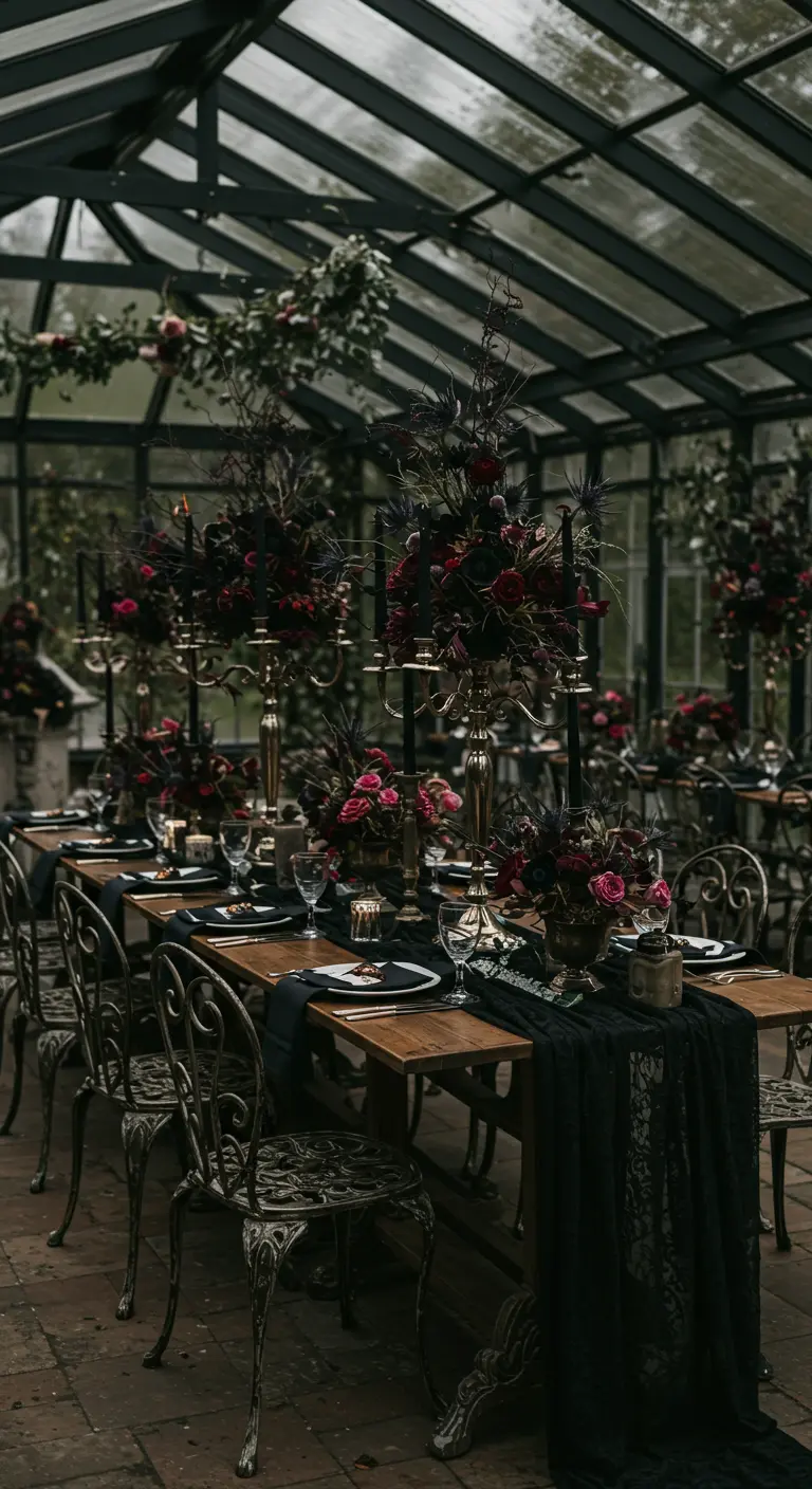 Dunkel gedeckter Tisch in einem Gewächshaus mit tiefroten Blumen und schwarzen Kerzen