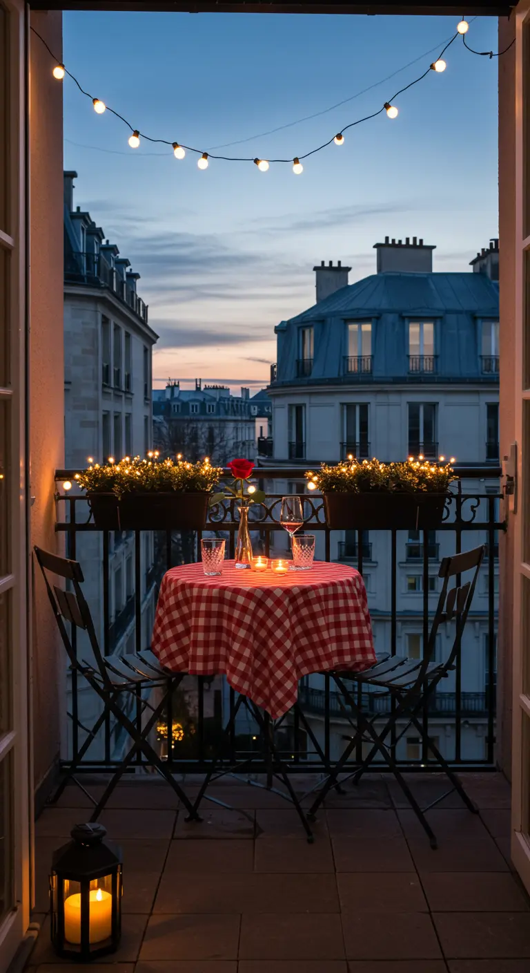 Kleiner Pariser Balkon mit rot-weiß karierter Tischdecke und Blick auf Dächer.