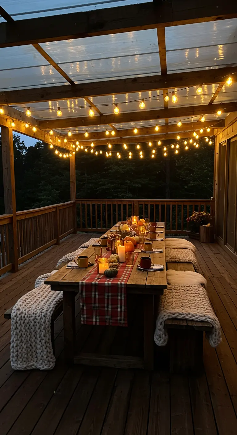 Lange Holztafel auf einer überdachten Terrasse, beleuchtet von Lichterketten