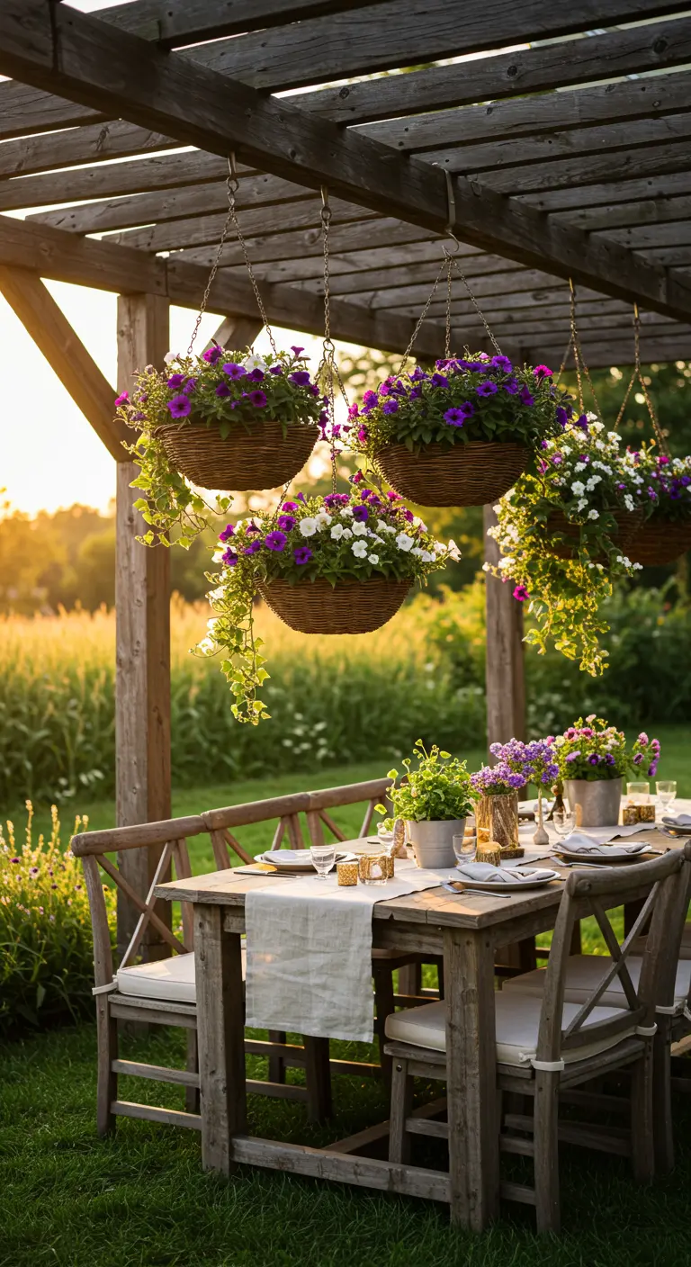 Hängende Weidenkörbe mit lila Petunien über einem Holztisch unter einer Pergola bei Sonnenuntergang.