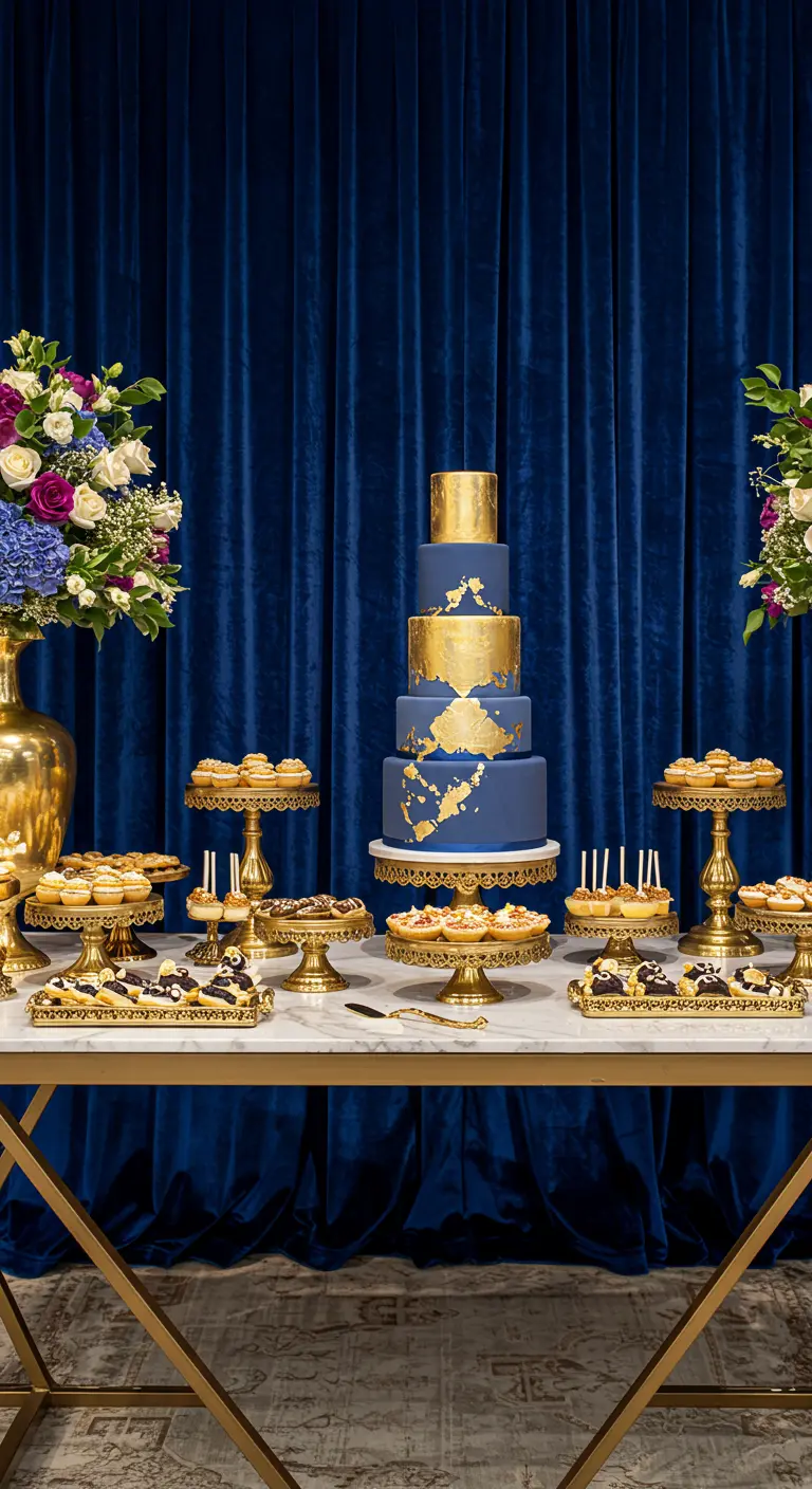 Blauer Samtvorhang als Hintergrund für einen Desserttisch mit einer mehrstöckigen Torte und Goldakzenten