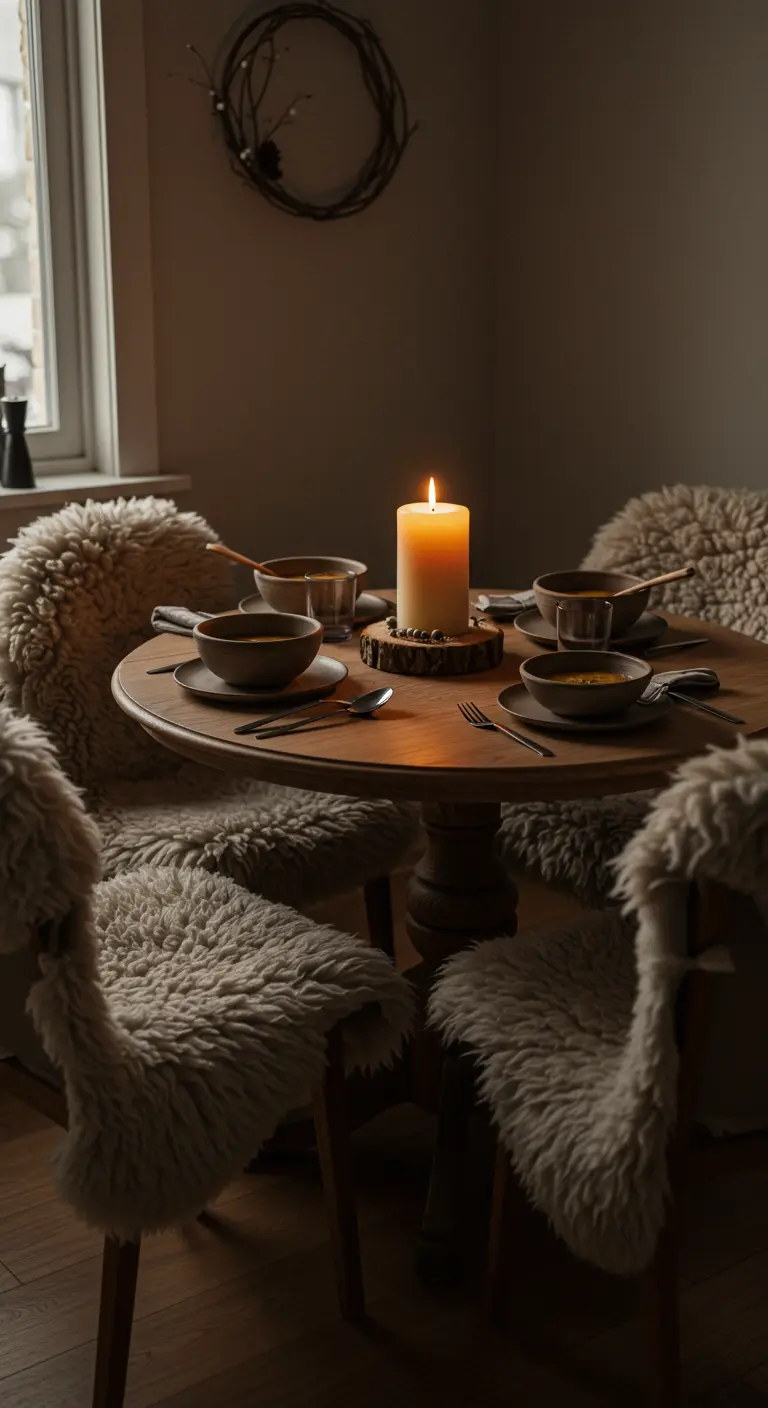 Runder Holztisch mit Schaffellen auf den Stühlen und einer großen Kerze.