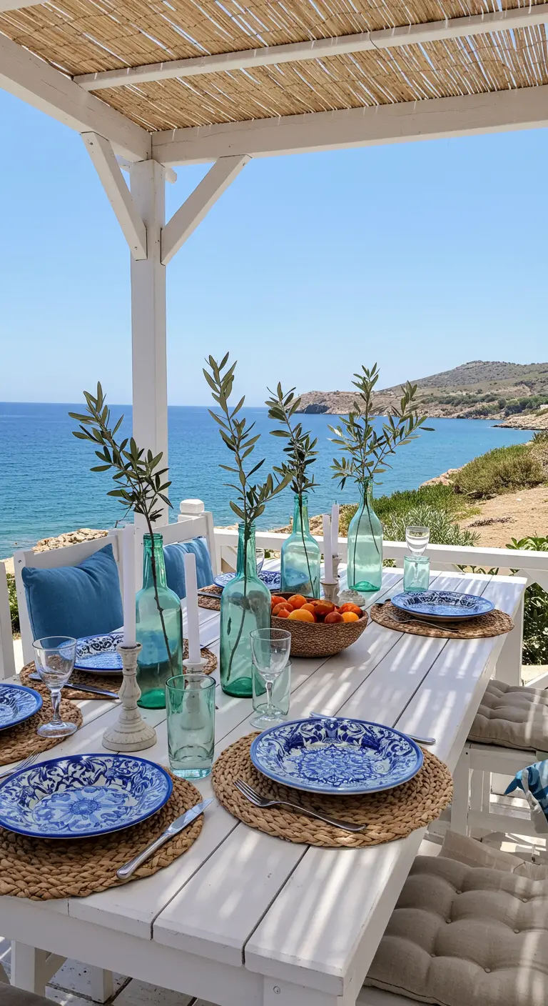Ein Tisch am Meer mit blau-weißen Tellern und Olivenzweigen in blauen Glasflaschen