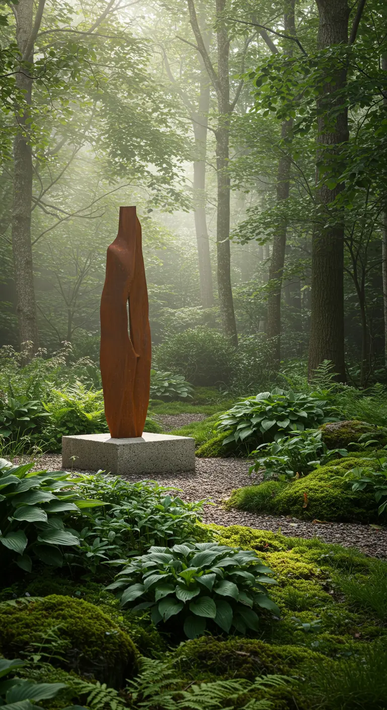 Organisch geformte Roststahl-Skulptur auf einem Betonsockel in einem nebligen Wald.