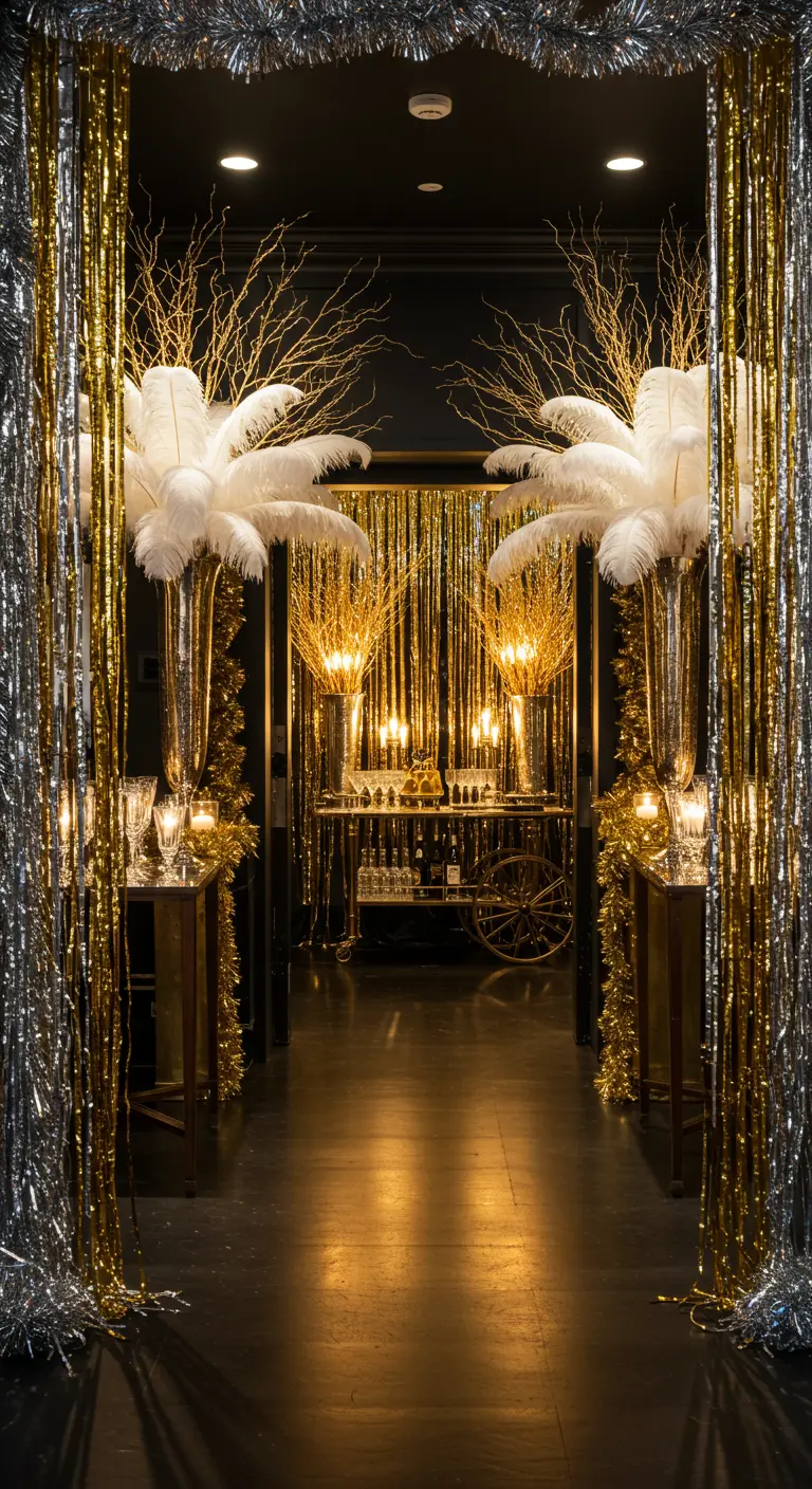 Party-Eingang mit Gold- und Silber-Lametta, Feder-Deko und einem beleuchteten Barwagen.