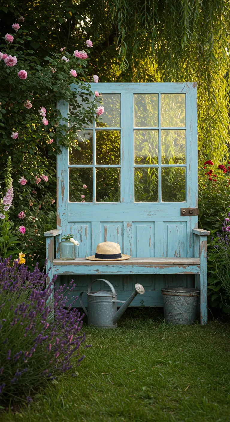 Hellblaue Gartenbank aus einer alten Tür, umgeben von blühenden Rosen und Lavendel.