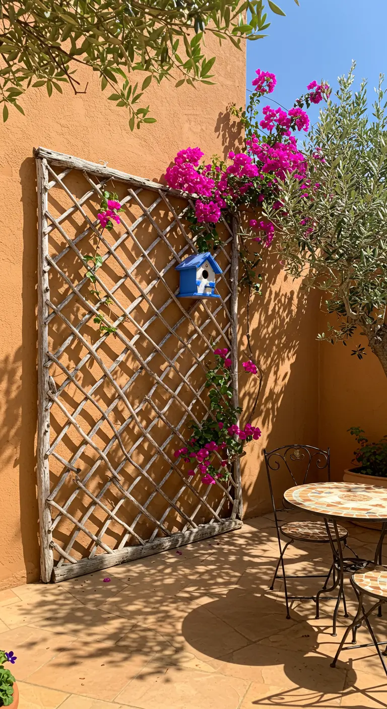 Treibholz-Rankgitter mit pinker Bougainvillea und blauem Vogelhaus an einer Terrakotta-Wand.