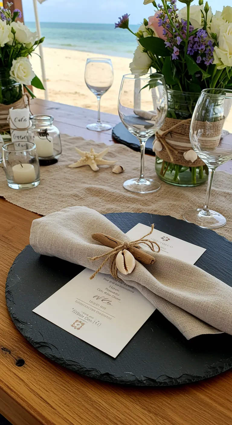 Gedeck mit Leinenserviette, die mit Jute, Zimtstange und Kaurimuschel verziert ist.