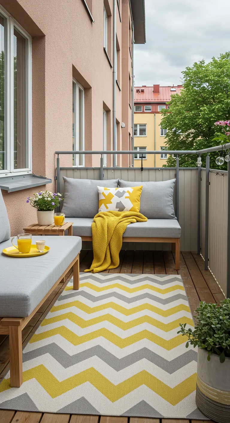 Gelb-grauer Zickzack-Teppich auf einem Stadtbalkon mit grauen Loungemöbeln.