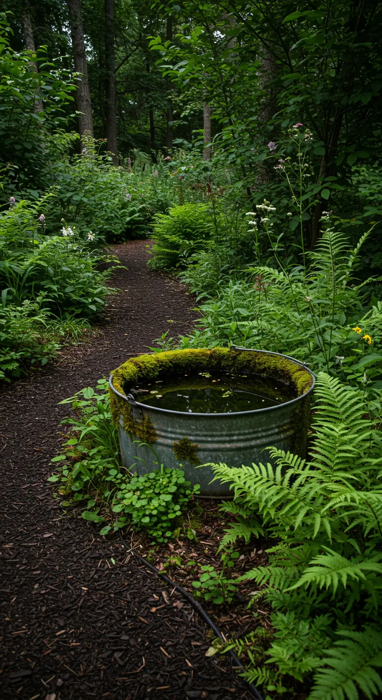 Ein bemooster Metalleimer als Wasserstelle für Tiere, umgeben von Farnen an einem Gartenweg.