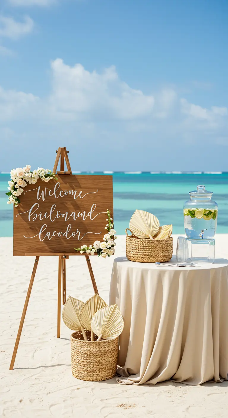 Willkommensschild aus Holz und Getränkespender am Strand für eine Hochzeit.