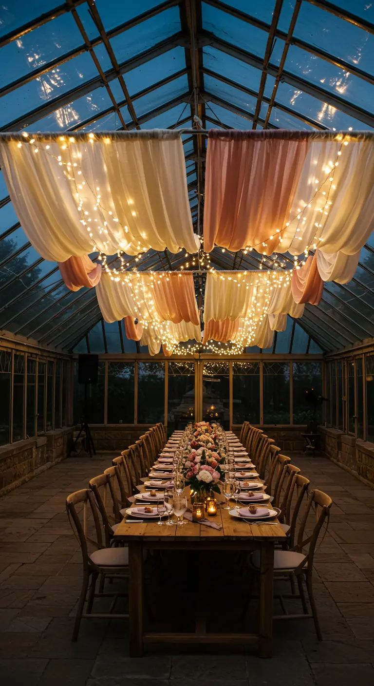 Lange Hochzeitstafel in einem Gewächshaus, dessen Decke mit Stoffbahnen und Lichterketten dekoriert ist
