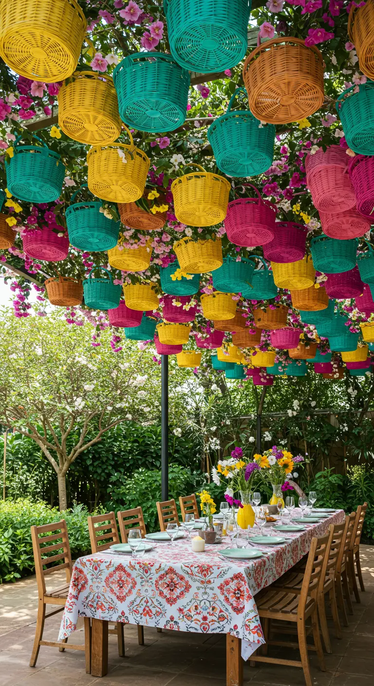 Eine Decke aus vielen bunten Weidenkörben in Gelb, Türkis und Pink über einem Gartentisch.