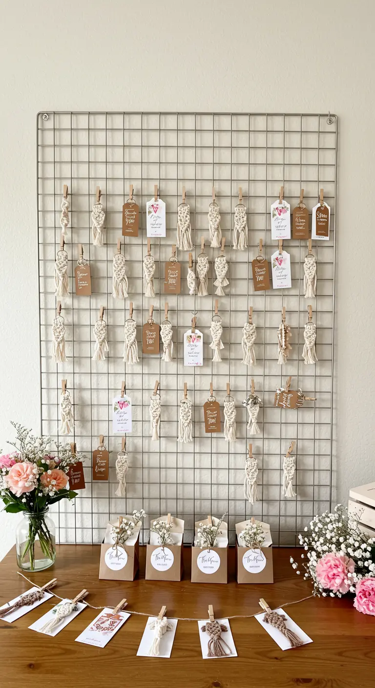 Ein Gitterboard an der Wand, an dem viele kleine Makramee-Schlüsselanhänger als Gastgeschenke hängen.