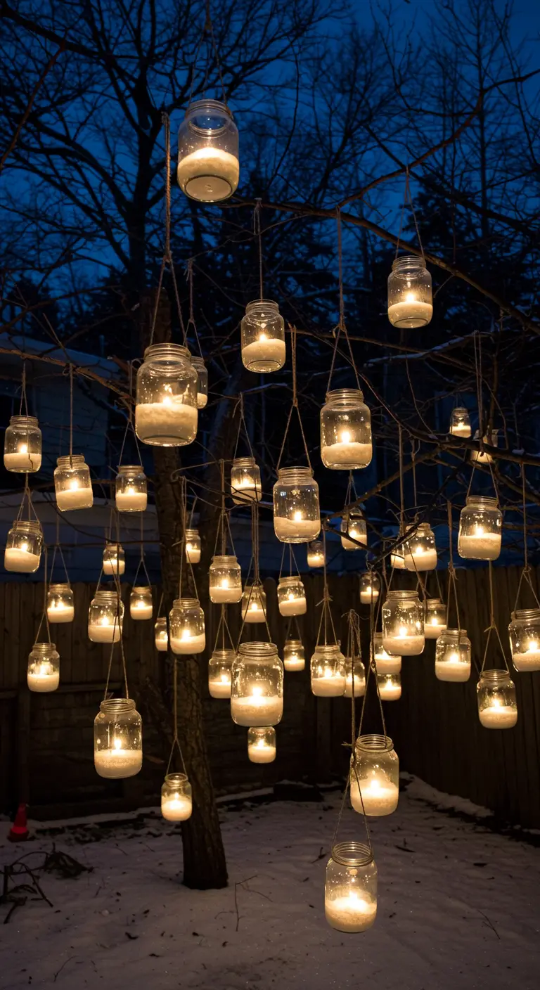 Unzählige leuchtende Kerzengläser hängen an den Ästen eines kahlen Baumes im Winter.