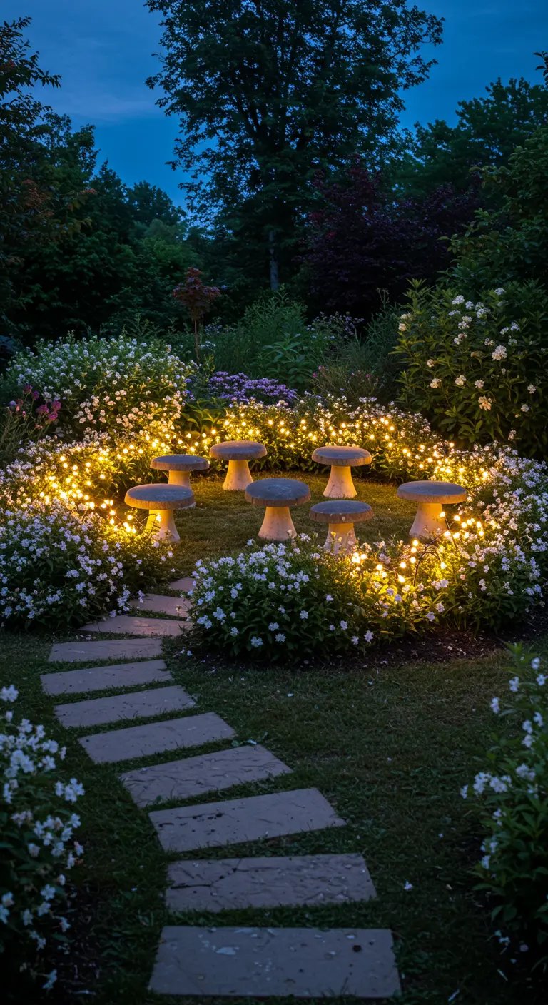 Ein Kreis aus Beton-Pilzhockern, umgeben von weißen Blumen und warmen Lichterketten.