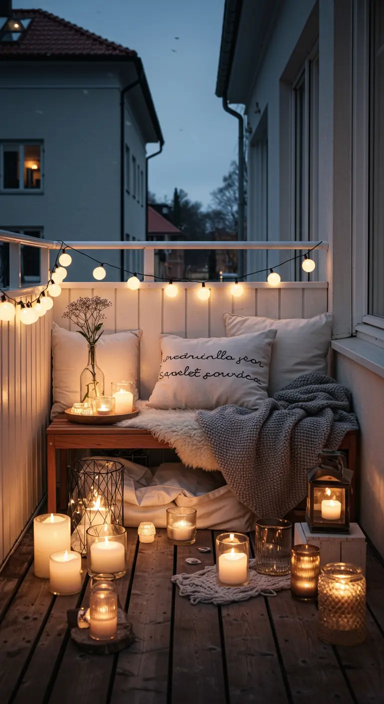 Gemütlicher Balkon mit unzähligen Kerzen, Lichterketten und weichen Decken.