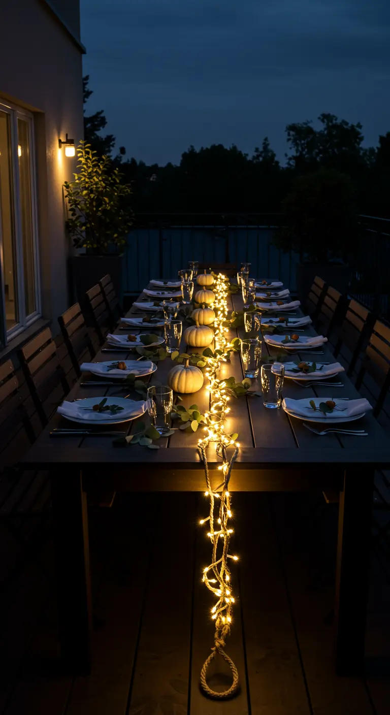 Lange Tafel bei Nacht, beleuchtet von einer Lichterkette als Tischläufer