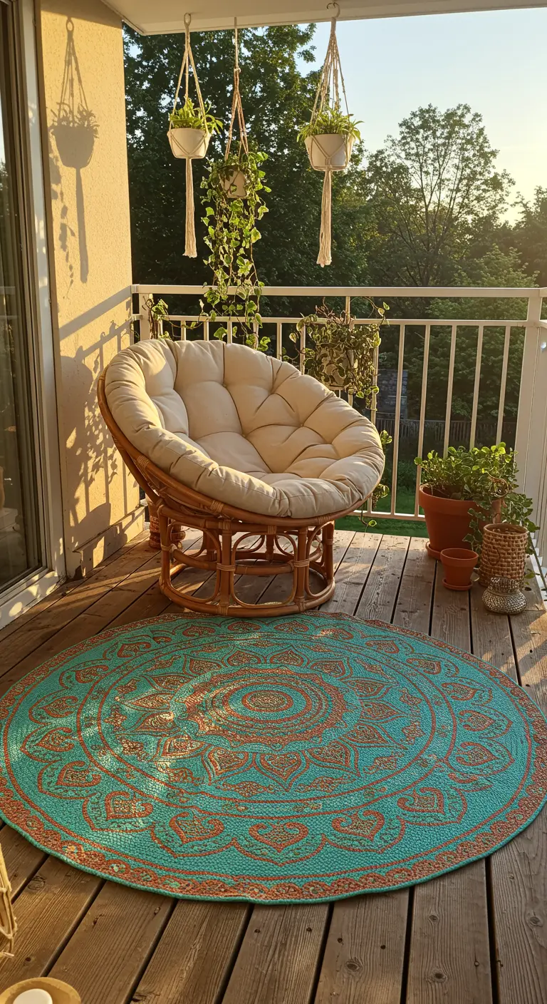 Runder, türkisfarbener Mandala-Teppich auf einem Holzbalkon vor einem Papasansessel.
