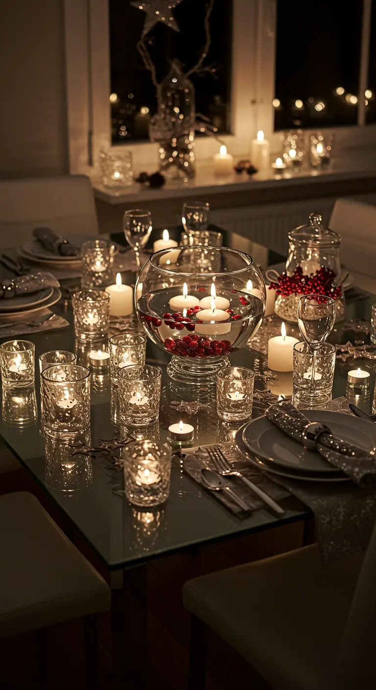 Glastisch überflutet mit Kerzenlicht aus Teelichtern und schwimmenden Kerzen.