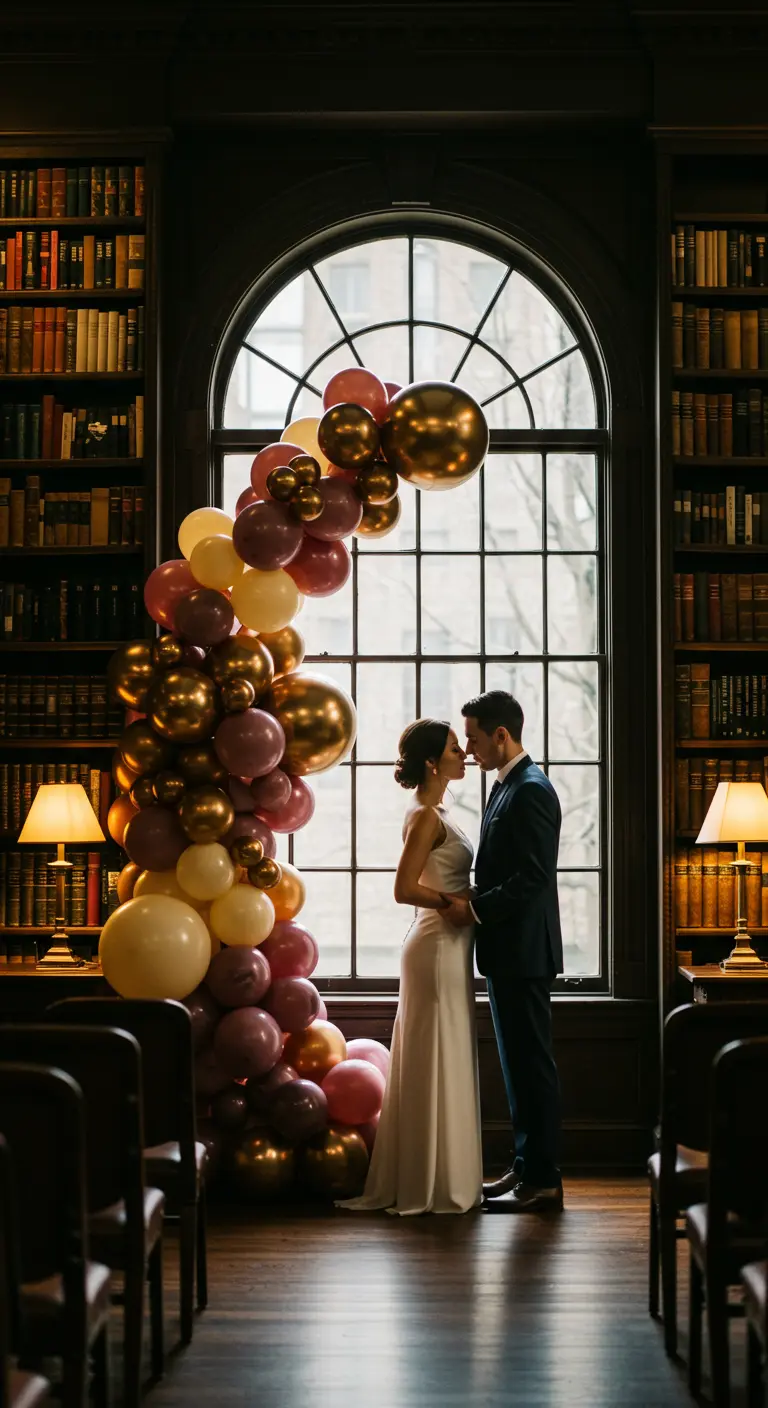 Ballongirlande in warmen Weinrot- und Goldtönen an einem großen Fenster in einer Bibliothek