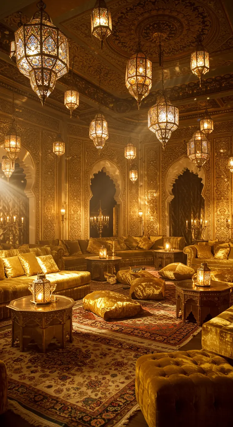 Opulenter goldener Raum mit Samtsofas, Messingtischen und unzähligen marokkanischen Laternen.