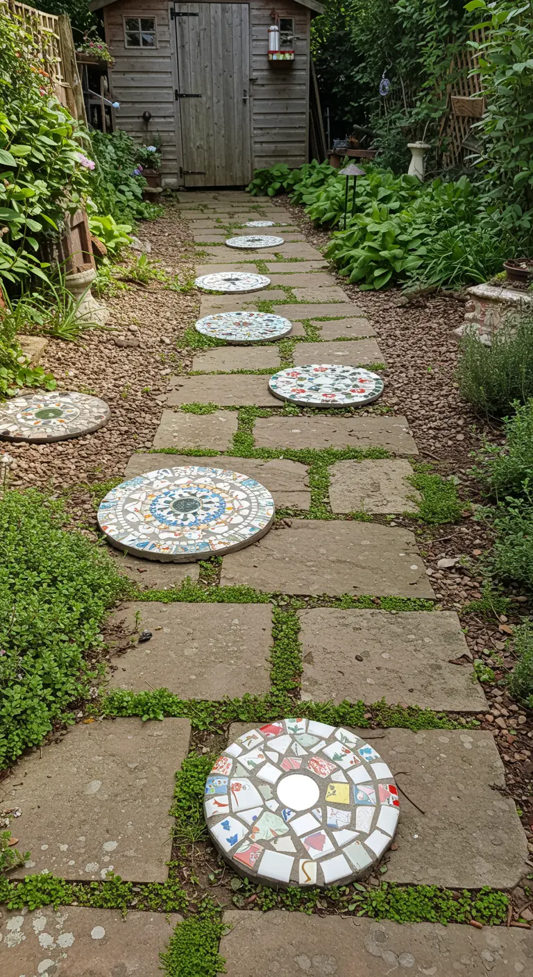 Runde Mosaik-Trittsteine mit bunten Scherben, eingelassen in einen Gartenweg aus Steinplatten.