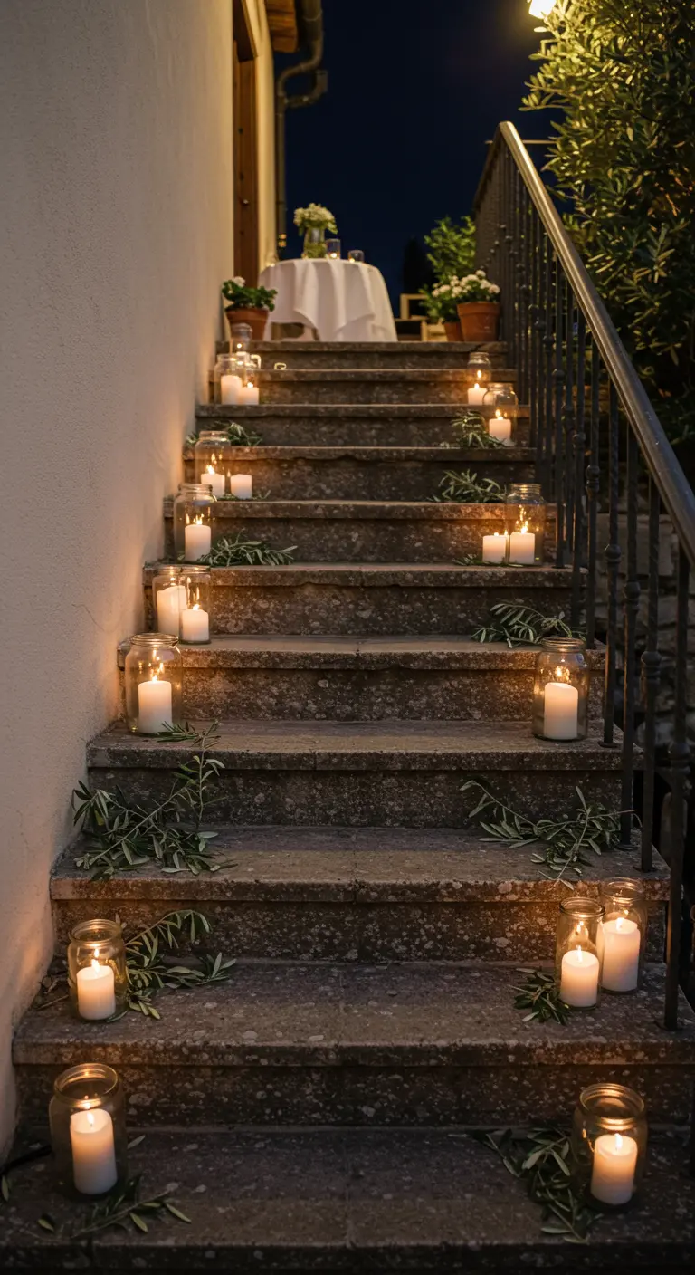 Steintreppe, beleuchtet von Kerzen in Gläsern und verstreuten Olivenzweigen