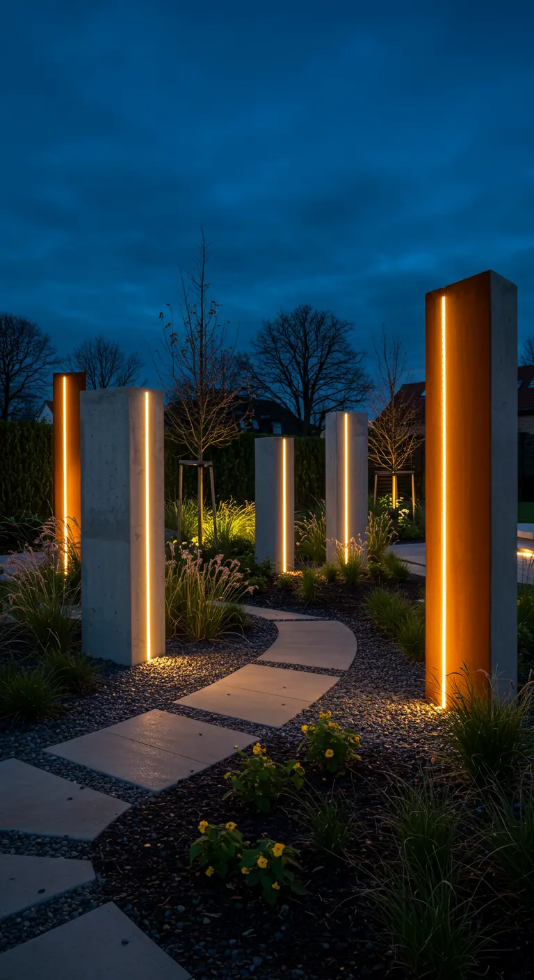 Ein Gartenweg, der nachts von mehreren leuchtenden Beton- und Roststahl-Säulen gesäumt wird.