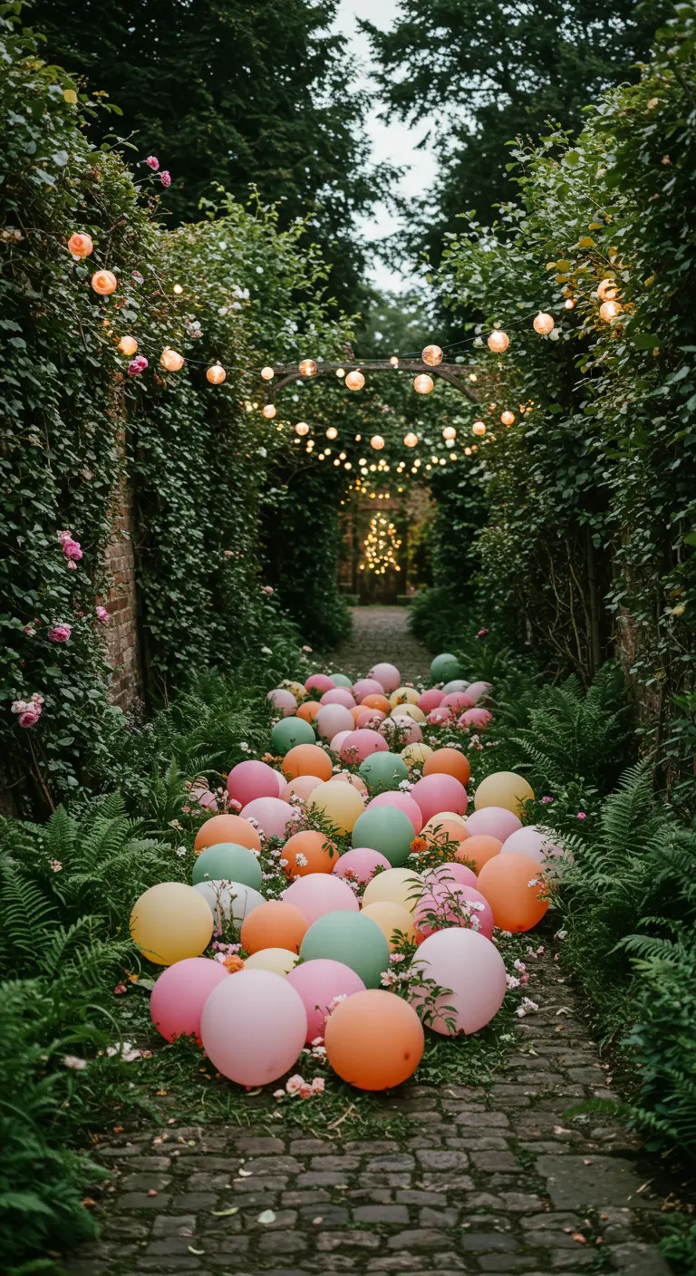 Ein Gartenweg, der mit vielen bunten Pastellballons gesäumt ist