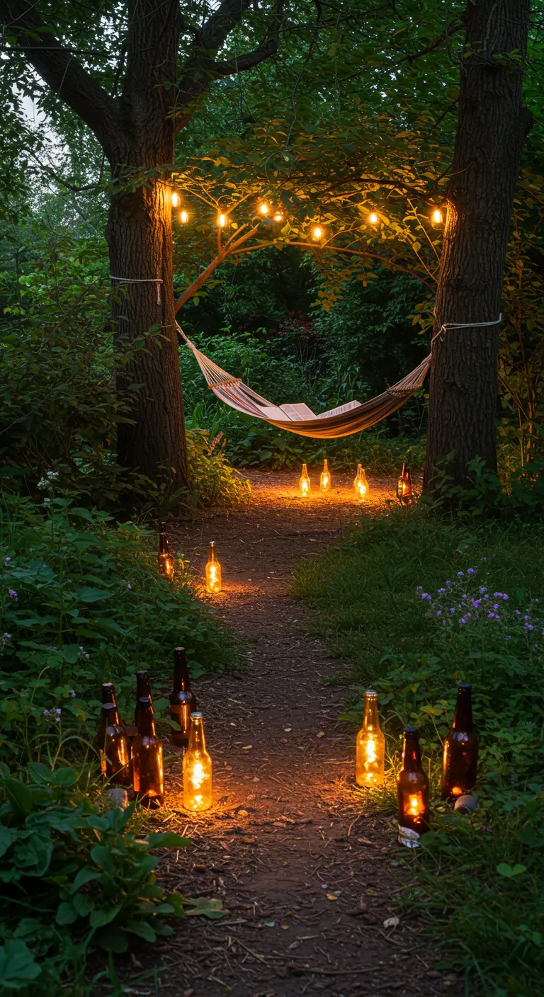 Ein Waldpfad führt zu einer Hängematte, beleuchtet von Gruppen brauner Bierflaschenlichter.