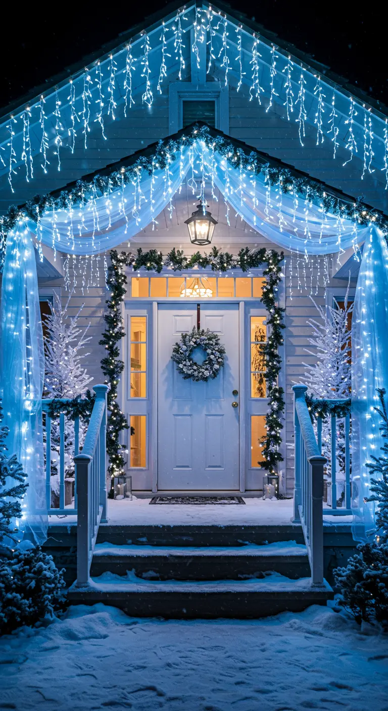 Hauseingang mit blauen Eiszapfen-Lichterketten und weißem Tüll zu einem Winterwunderland dekoriert.