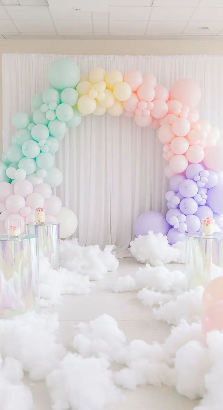 Pastell-Regenbogen-Ballonbogen, der aus einem Boden aus Watte-Wolken in einem weißen Raum aufsteigt.